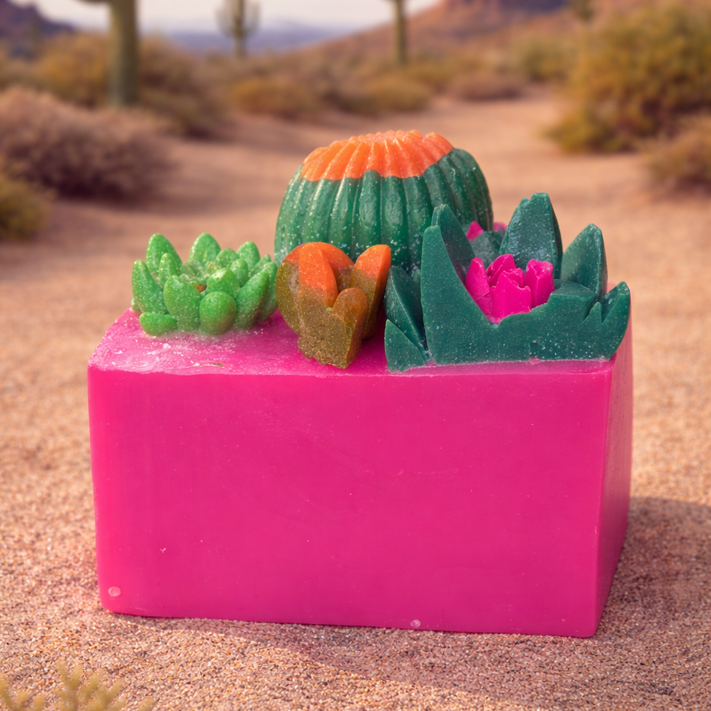 Colorful soap bar with cactus design in a desert setting