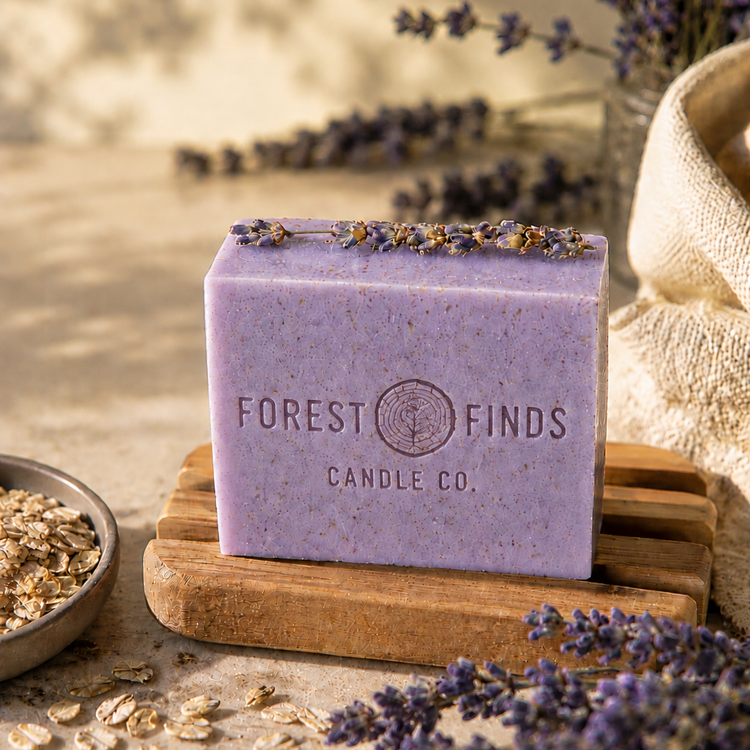 Purple soap bar on a wooden stand with lavender flowers and oats in the background