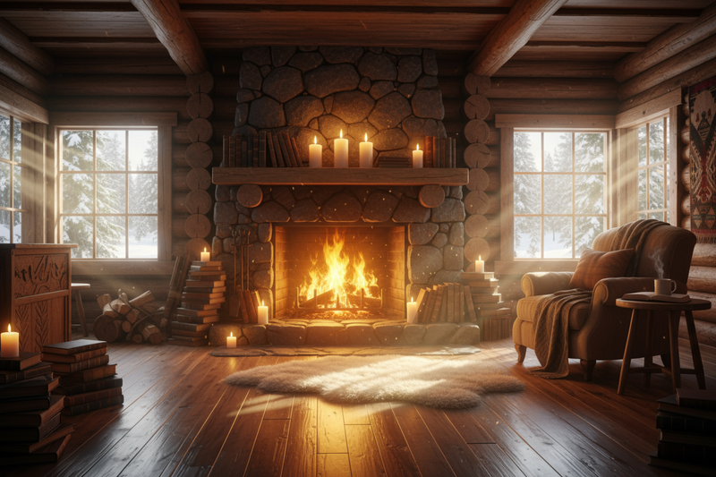 cozy fireplace in a log cabin with candles and stacks of books but brighter