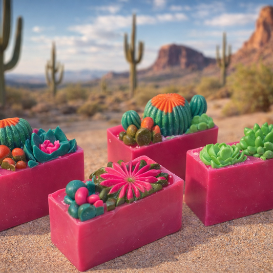 Four pink soap bars with cactus designs in a desert setting